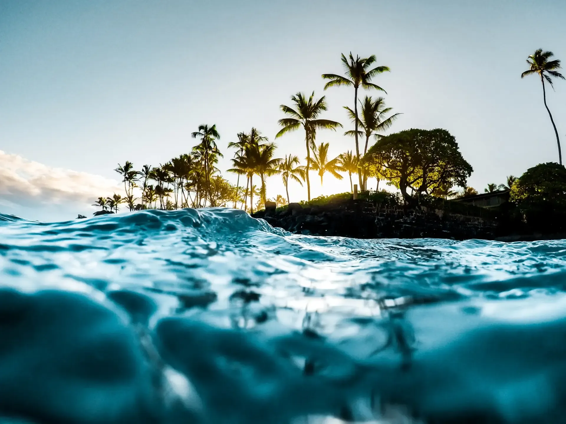 Îlot planté de cocotiers au large de Maui, photographié à moitié sous l’eau