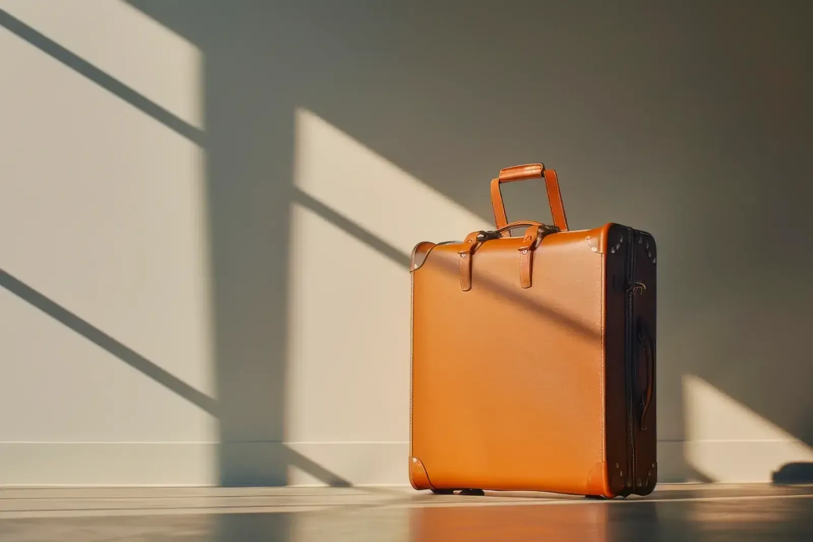 Valise ancienne en cuir fauve posée au sol contre un mur clair, éclairée par la lumière rasante d’une fenêtre qui dessine des bandes d’ombre