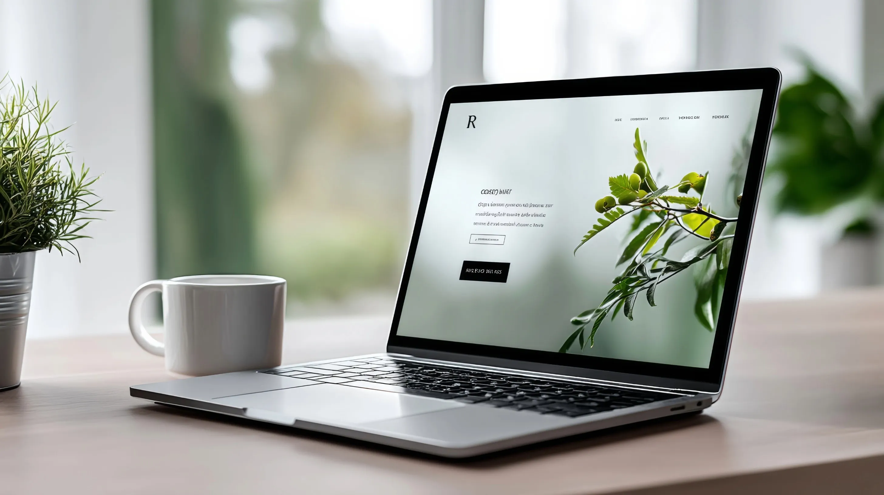 Ordinateur portable ouvert sur un bureau clair, affichant une page d’accueil épurée