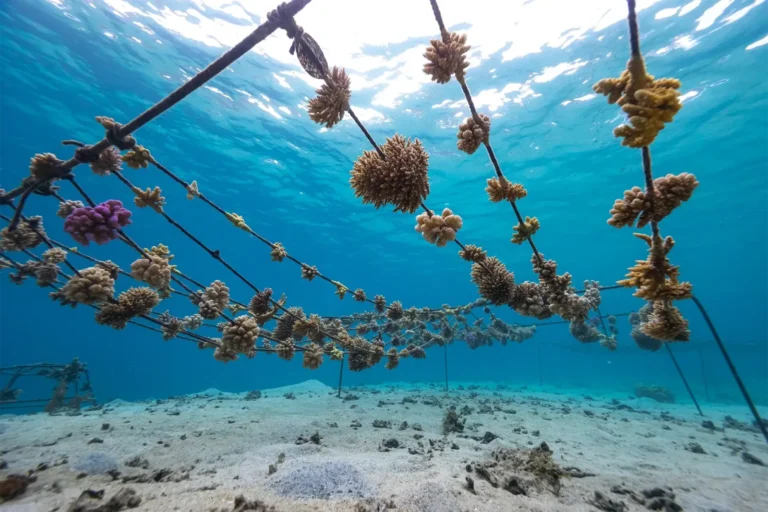 Pépinière de coraux suspendue à des cordes, photographiée sous l’eau